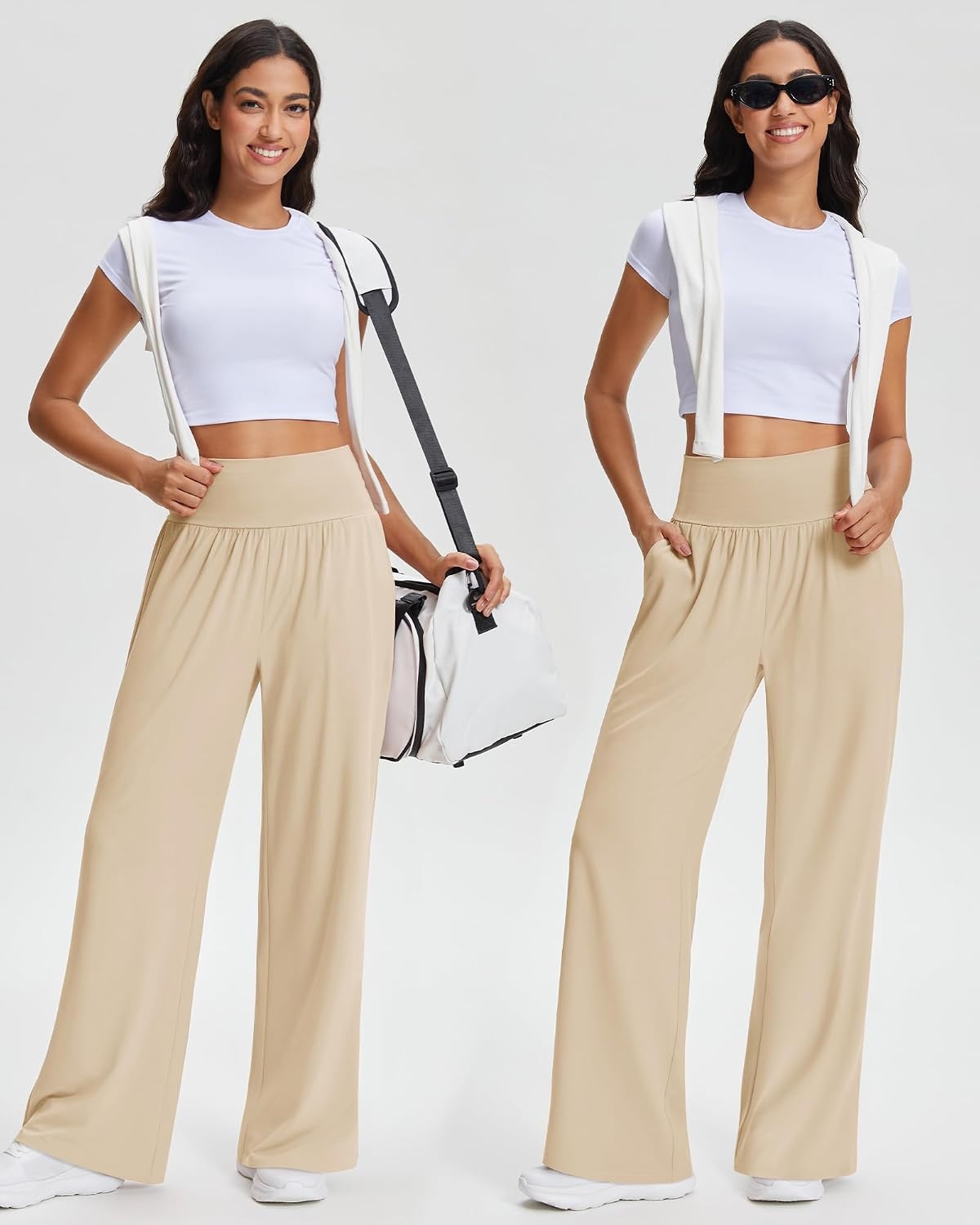 Stelle Women’s Wide Leg Lounge Pants Soft Stretch Casual Travel Wear | Elastic waistband, Relaxed fit, Breathable fabric, Yoga, Lounge, Vacation, Everyday comfort(Beige)