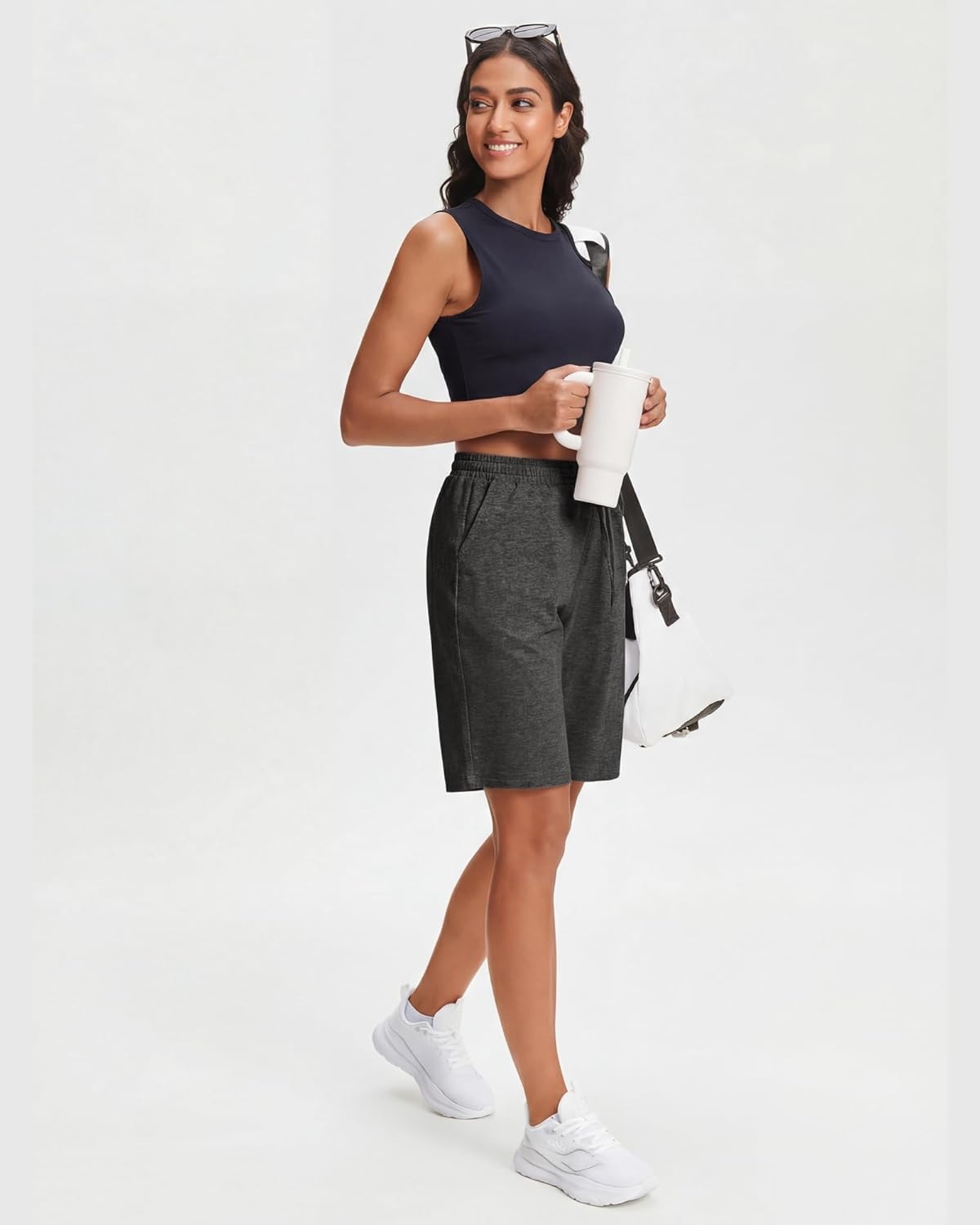 Stelle Women’s Cotton Bermuda Shorts 10″ Long Knee Length Comfy Sweat Shorts with Deep Pockets Lounge Casual Summer(10″ Heather Charcoal)