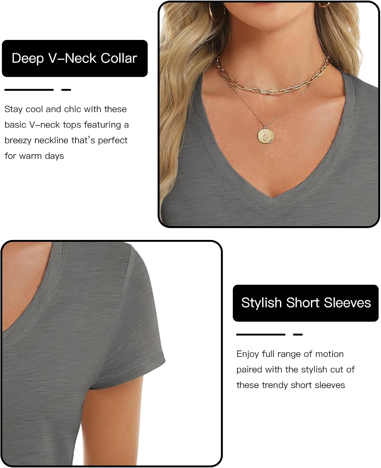 Stelle Womens Modal Soft T Shirts Short Sleeve V Neck Basic Tee Casual Loose Fit Tops Lightweight Soft Summer Outfits Clothes(Dark Grey)