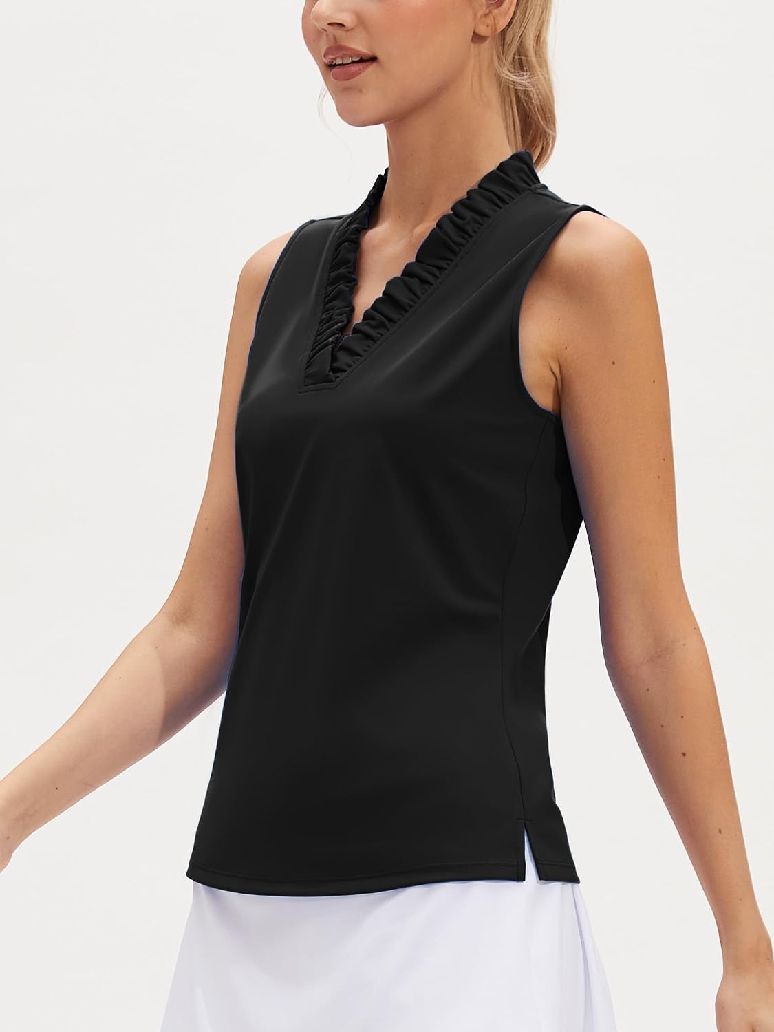 Stelle Women’s Sleeveless Ruffle Golf Polo Shirt UPF 50 Quick Dry Tank Tops | Moisture wicking, Four-way stretch, Wrinkle resistant, Golf, Tennis, Pickleball, Lightweight performance(Black)