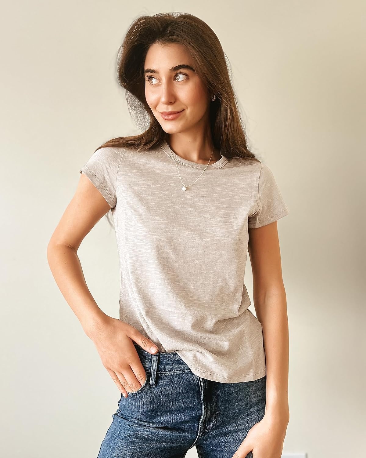 Stelle Womens Modal Soft Crewneck Short Sleeve T Shirts Summer Casual Basic Tops Tees(Oat Milk)