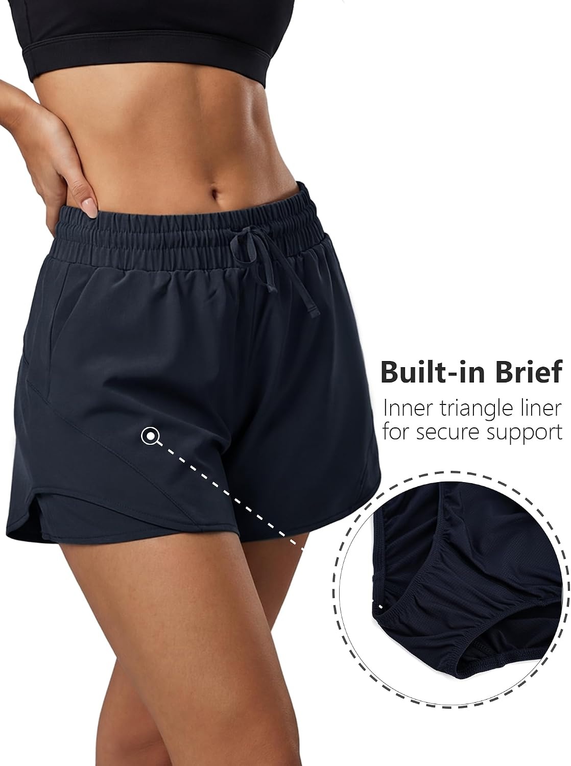 Stelle Women Running Shorts with Pockets High Waisted Drawstring Athletic Workout Quick-Dry Gym Shorts Mesh Liner(Navy)