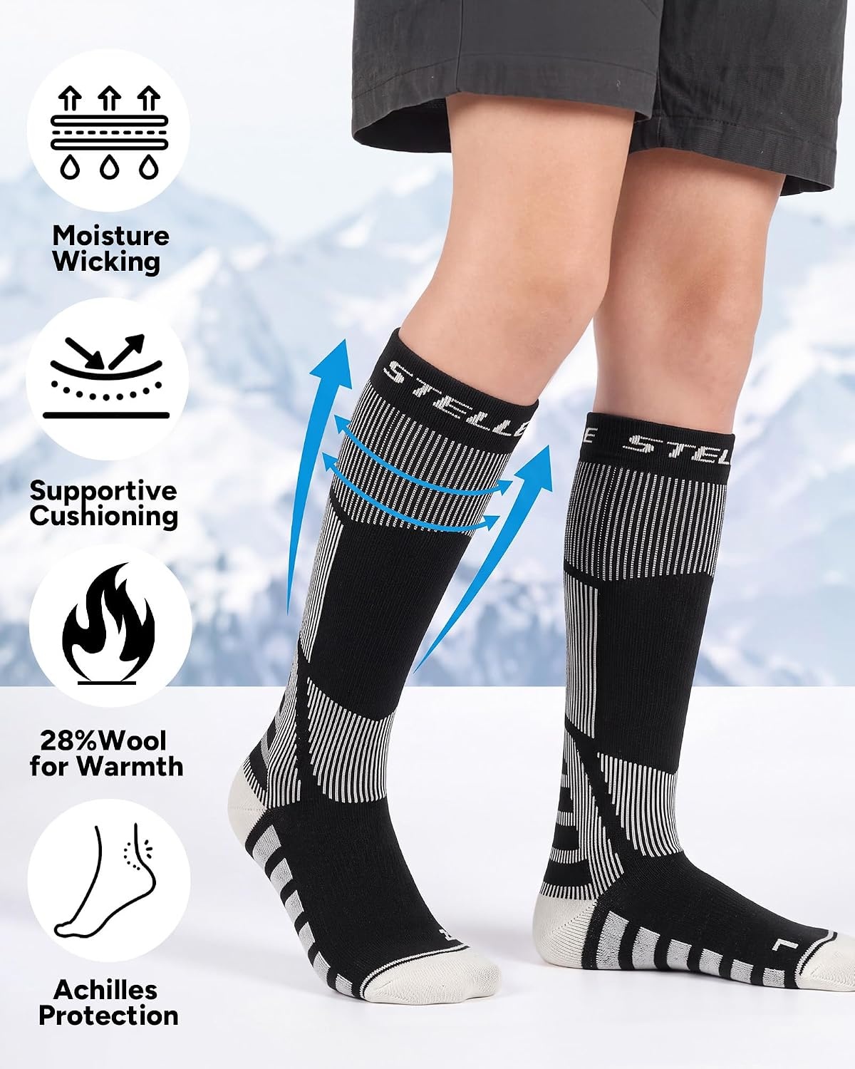 Stelle Wool Ski Socks for Kids Men Women, Winter Warm Knee High Socks(Black)