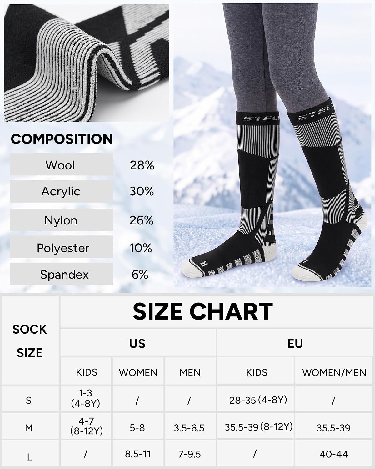 Stelle Wool Ski Socks for Kids Men Women, Winter Warm Knee High Socks(Black)
