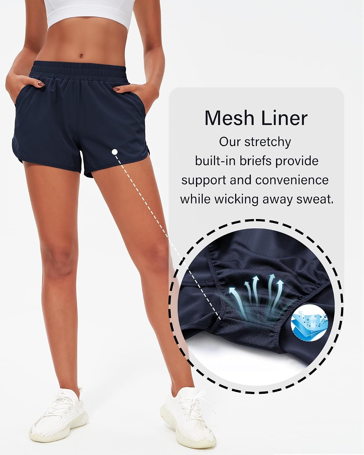 Stelle Womens 3″ Running Shorts Mesh Liner High Waisted Workout Shorts Quick Dry Dolphin Athletic Shorts with Pockets(Navy1)