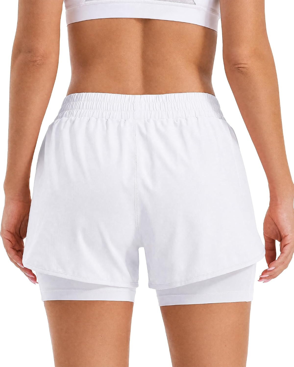 Stelle Women 2 in 1 Running Shorts High Waisted Athletic Shorts Gym Workout Shorts with Liner Zipper Pockets(White)