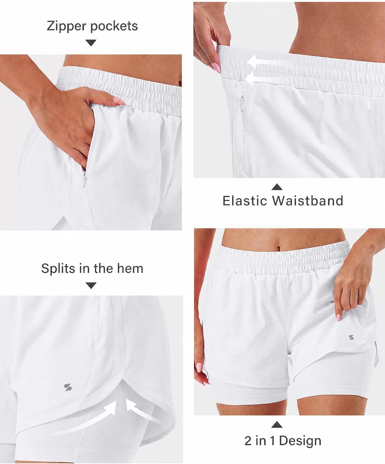 Stelle Women 2 in 1 Running Shorts High Waisted Athletic Shorts Gym Workout Shorts with Liner Zipper Pockets(White)