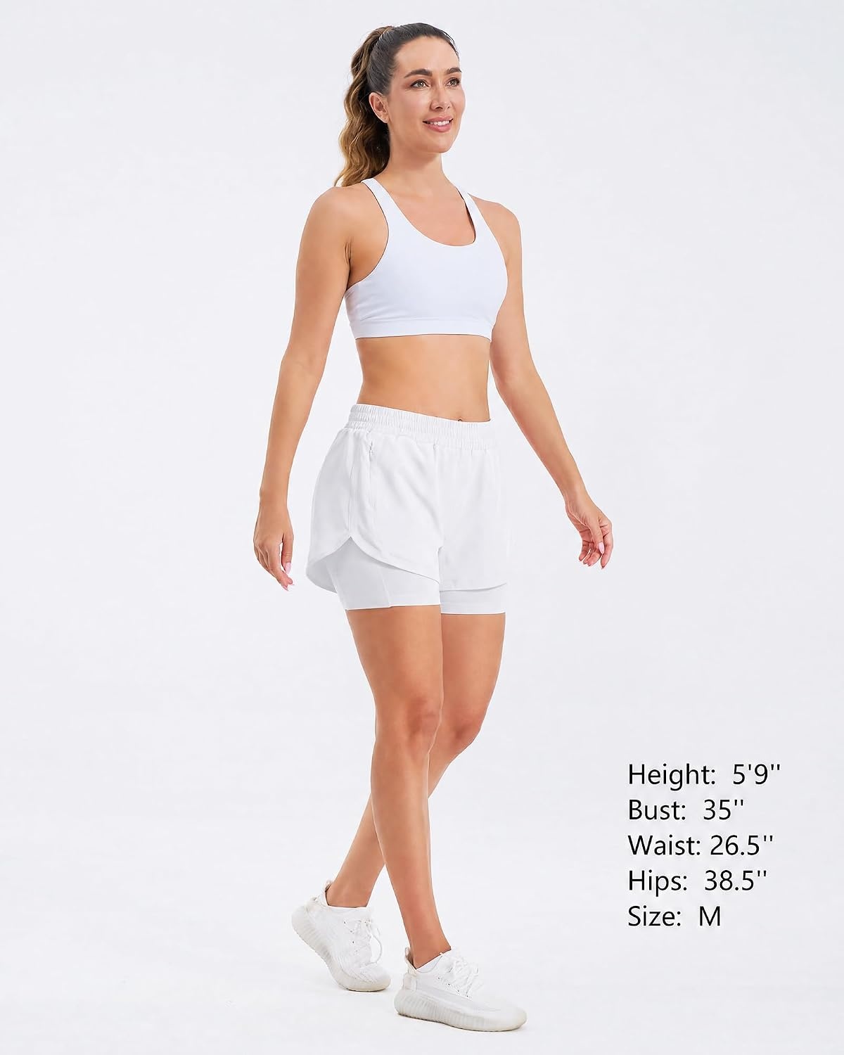 Stelle Women 2 in 1 Running Shorts High Waisted Athletic Shorts Gym Workout Shorts with Liner Zipper Pockets(White)