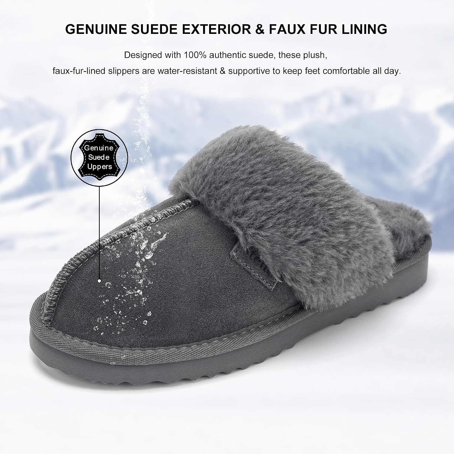 Stelle Genuine Suede Slippers for Women Water-Resistant Indoor Outdoor Comfortable Memory Foam Lightweight Flexible Sole(Grey)