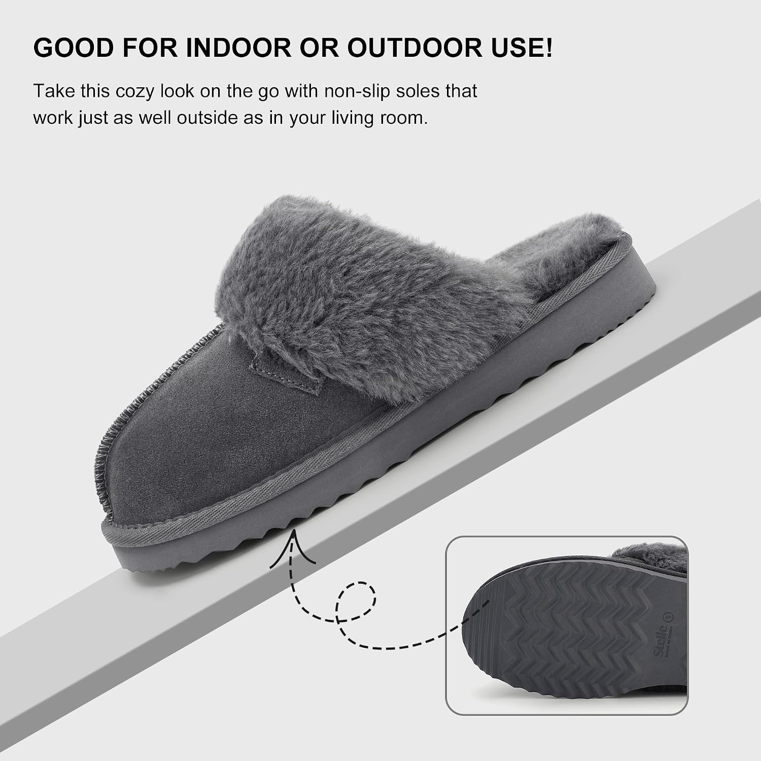 Stelle Genuine Suede Slippers for Women Water-Resistant Indoor Outdoor Comfortable Memory Foam Lightweight Flexible Sole(Grey)
