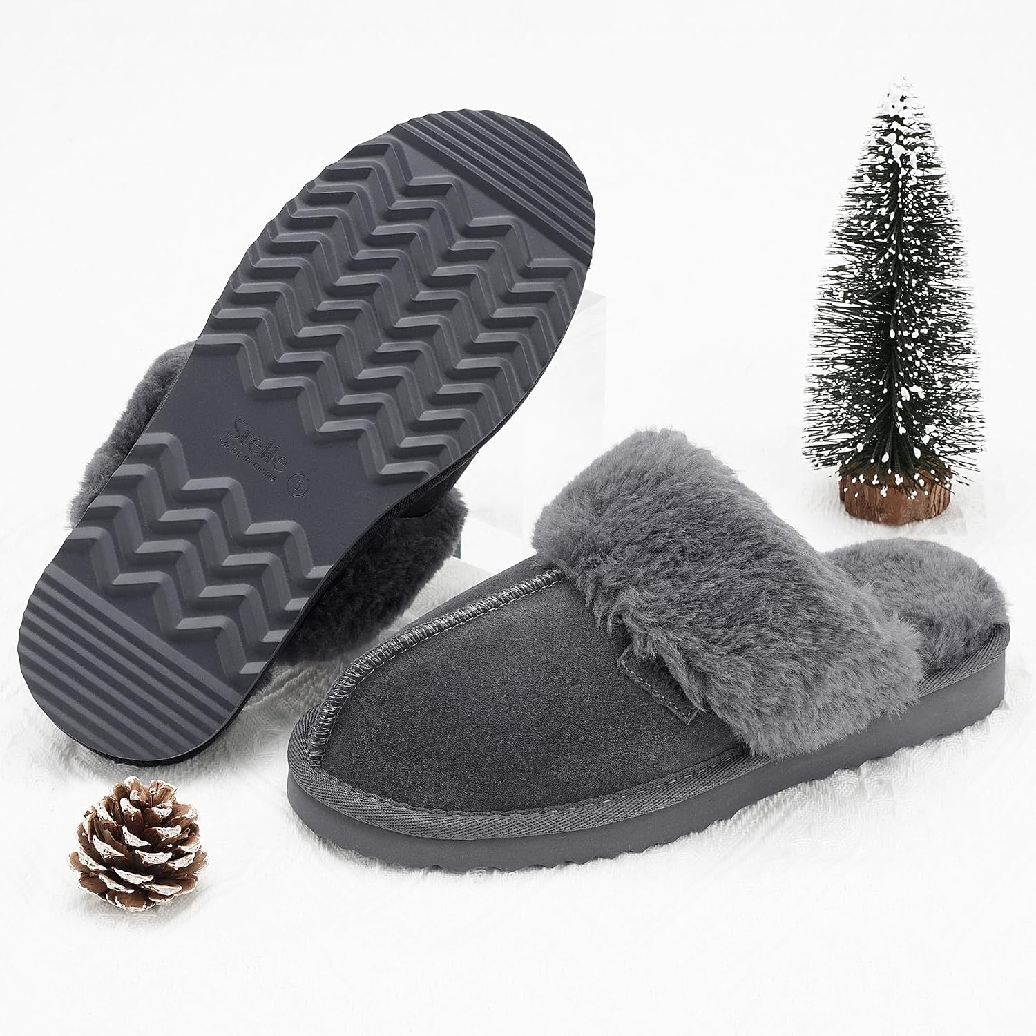 Stelle Genuine Suede Slippers for Women Water-Resistant Indoor Outdoor Comfortable Memory Foam Lightweight Flexible Sole(Grey)