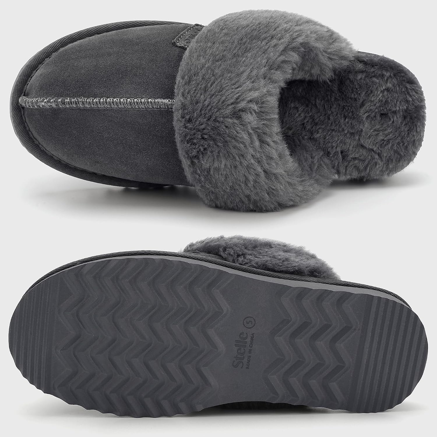 Stelle Genuine Suede Slippers for Women Water-Resistant Indoor Outdoor Comfortable Memory Foam Lightweight Flexible Sole(Grey)