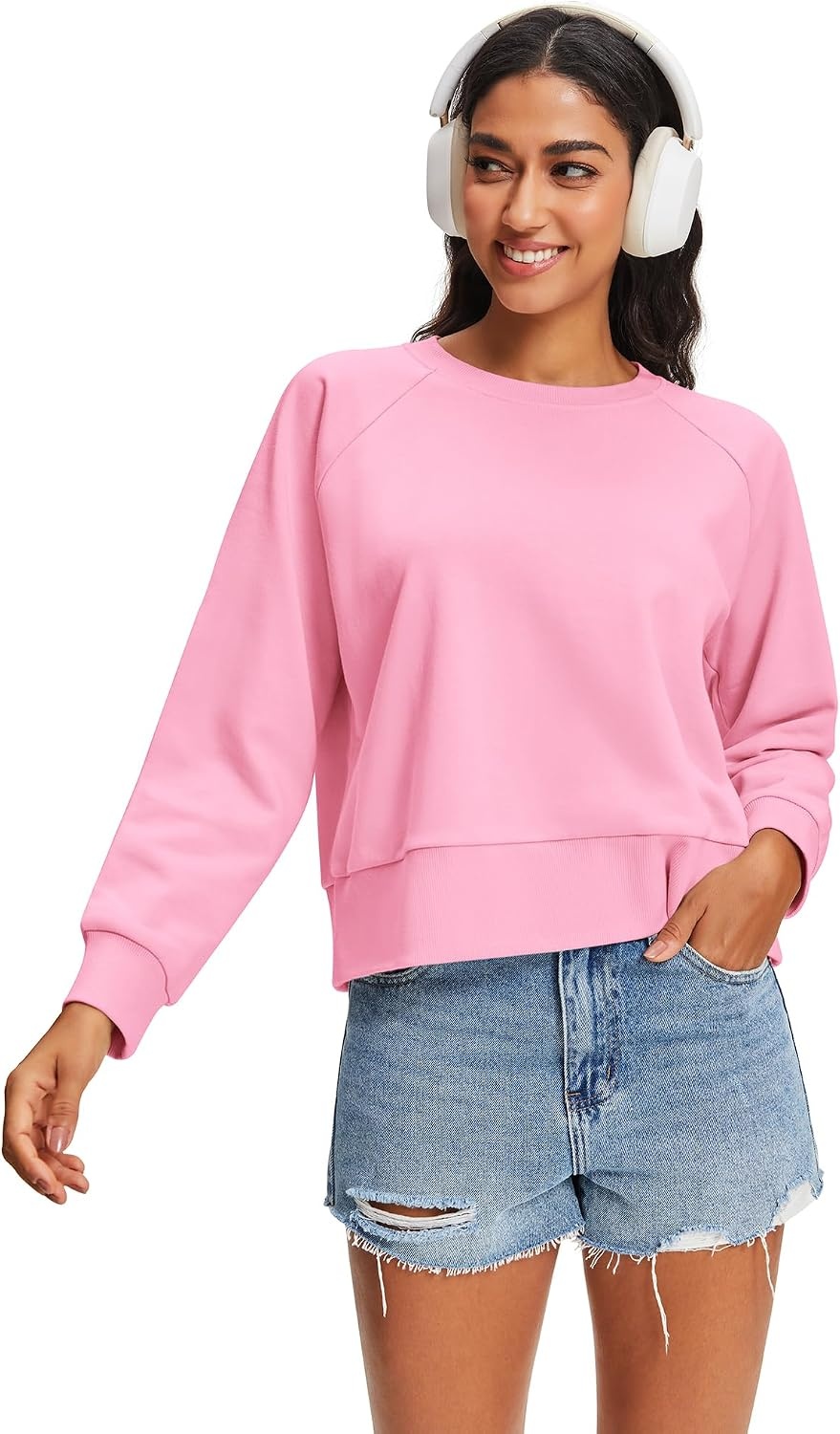 Stelle Women’s Raglan Crewneck Sweatshirt Relaxed Fit Casual Everyday(Bubblegum)