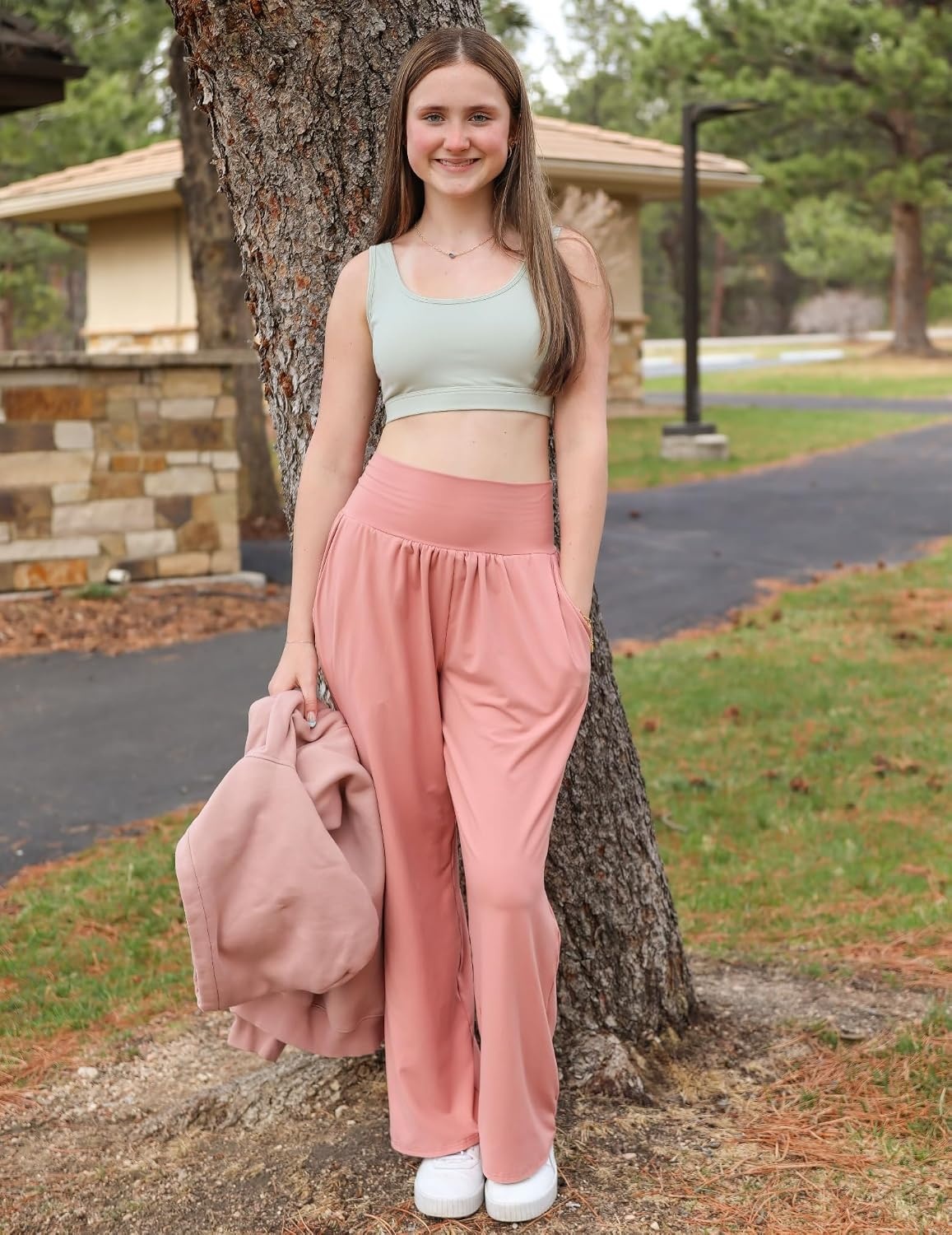 Stelle Wide Leg Yoga Pants for Women High Waisted Super Comfy Buttery Soft Lounge Pants with Pockets 26/28/30 Inseam(Dusty Pink)