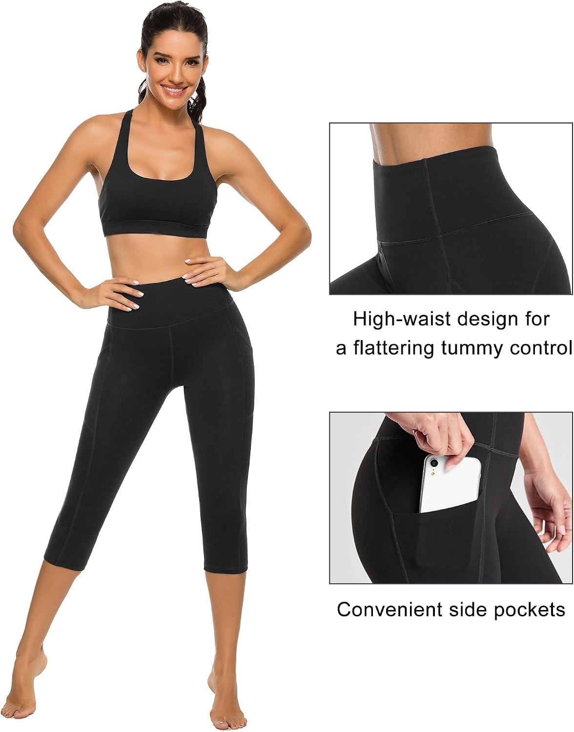 Stelle Women’s Capri Yoga Pants with Pockets Essential High Waisted Leggings for Workout(Cotton Like Softness-black)