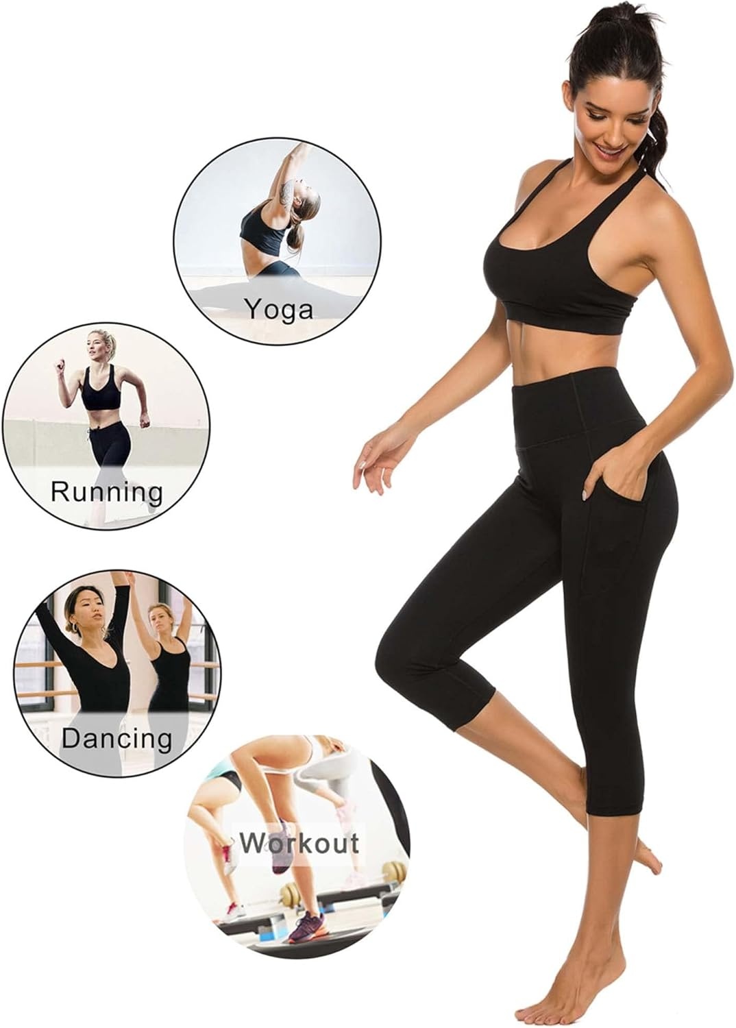 Stelle Women’s Capri Yoga Pants with Pockets Essential High Waisted Leggings for Workout(Cotton Like Softness-black)