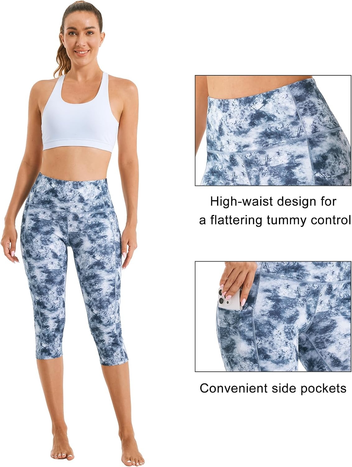 Stelle Women’s Capri Yoga Pants with Pockets Essential High Waisted Leggings for Workout(Nylon-tide Dye White)