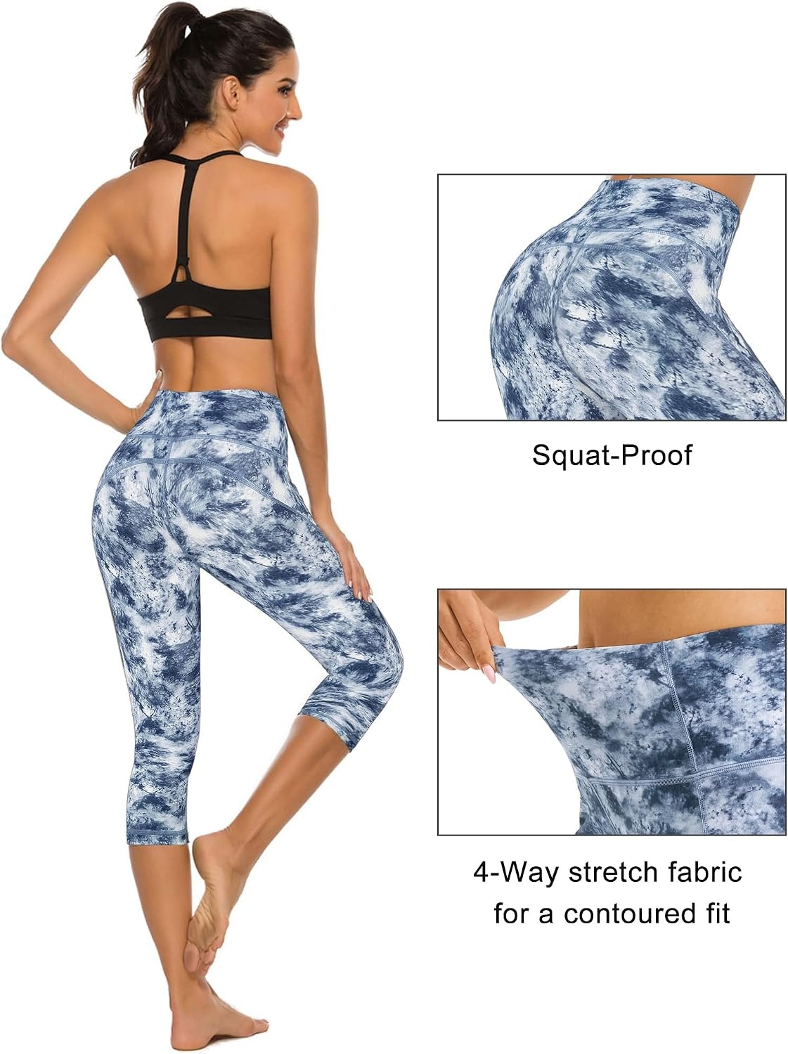 Stelle Women’s Capri Yoga Pants with Pockets Essential High Waisted Leggings for Workout(Nylon-tide Dye White)