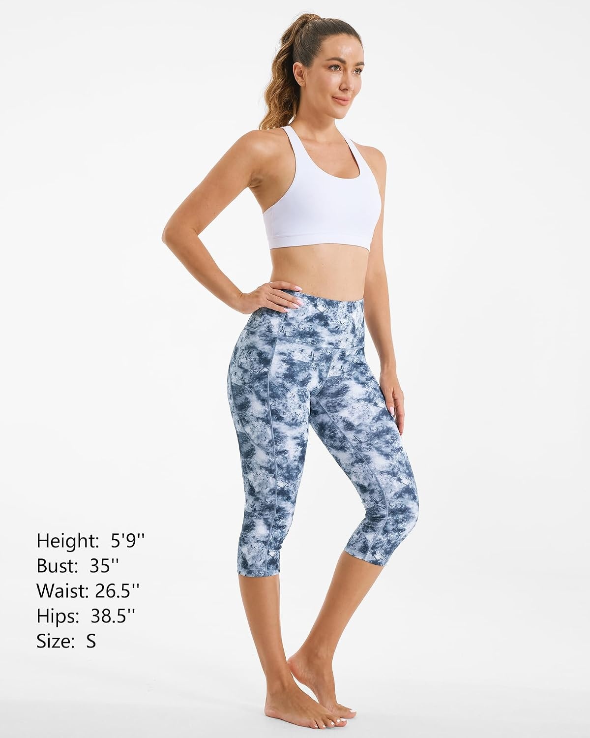 Stelle Women’s Capri Yoga Pants with Pockets Essential High Waisted Leggings for Workout(Nylon-tide Dye White)