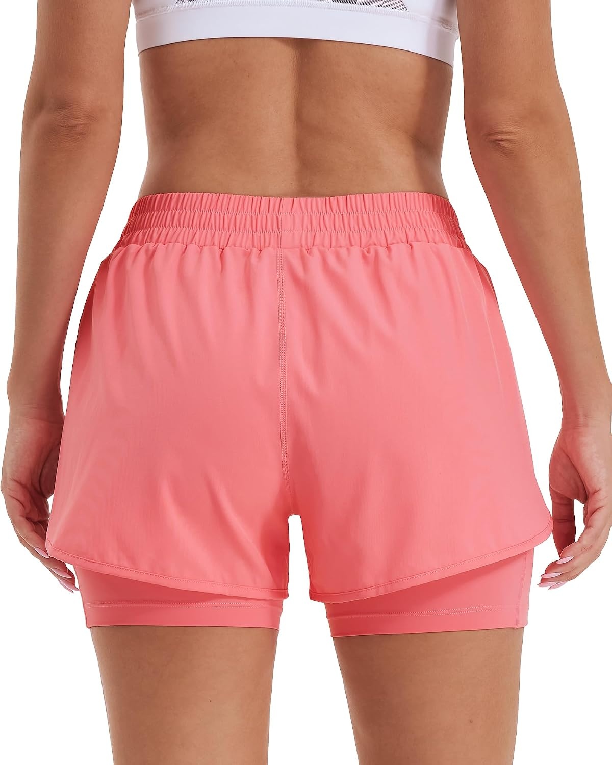 Stelle Women 2 in 1 Running Shorts High Waisted Athletic Shorts Gym Workout Shorts with Liner Zipper Pockets(Coral)