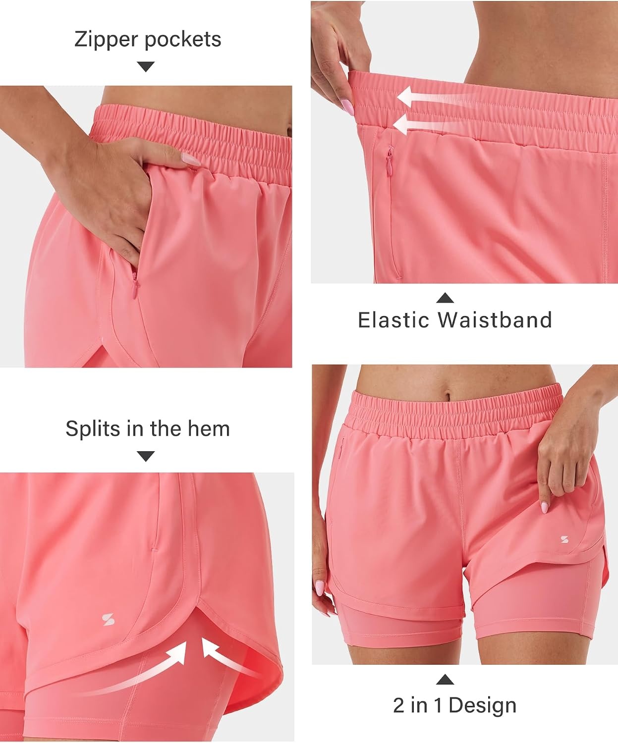 Stelle Women 2 in 1 Running Shorts High Waisted Athletic Shorts Gym Workout Shorts with Liner Zipper Pockets(Coral)