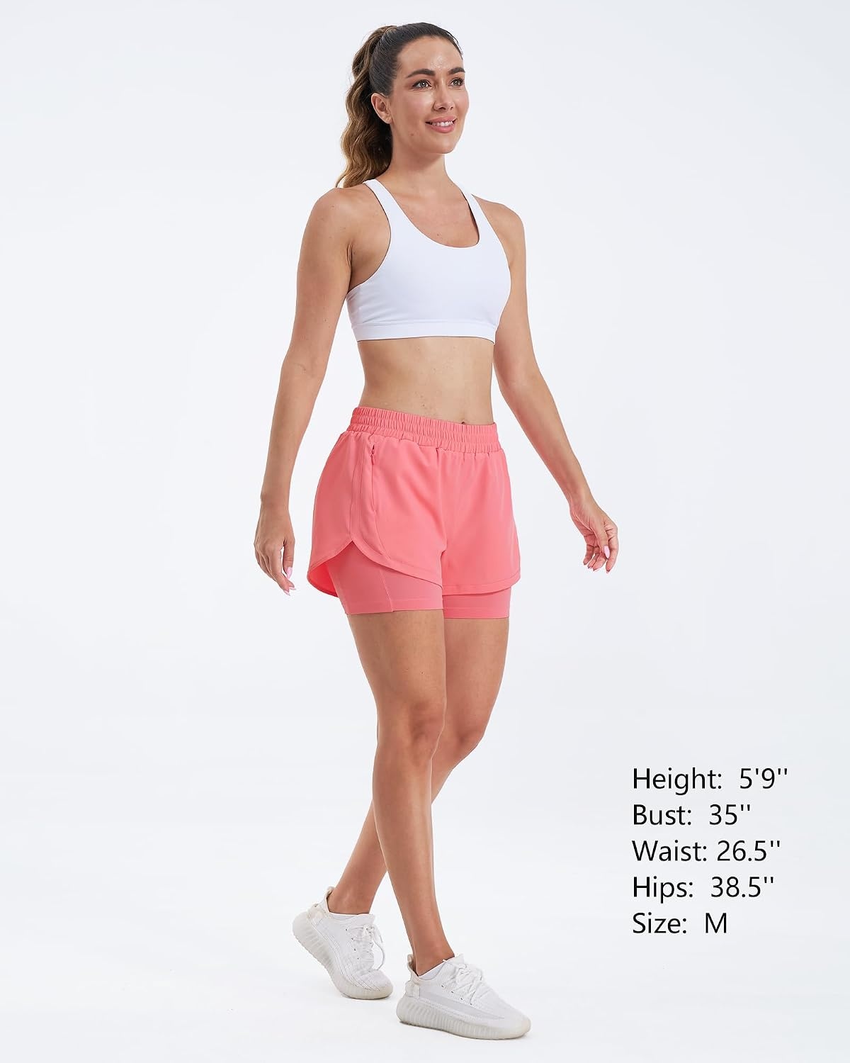 Stelle Women 2 in 1 Running Shorts High Waisted Athletic Shorts Gym Workout Shorts with Liner Zipper Pockets(Coral)