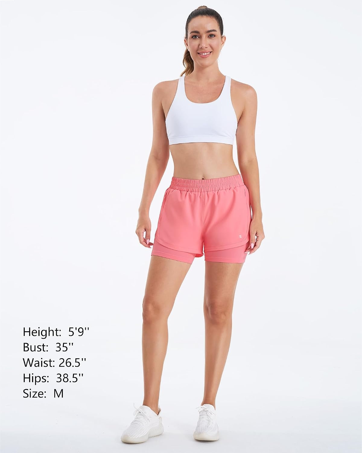 Stelle Women 2 in 1 Running Shorts High Waisted Athletic Shorts Gym Workout Shorts with Liner Zipper Pockets(Coral)