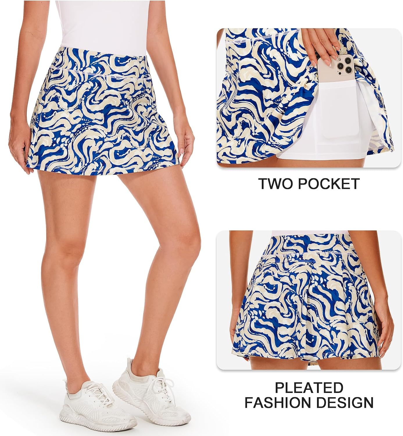 Stelle Women Tennis Skirt High Waisted Athletic Golf Skorts with Pockets | Tummy Control, Built-In Shorts, Deep Pockets, Pleated, Breathable, Lightweight, Tennis, Golf, Pickleball, Running, Workout(Ocean Breeze)