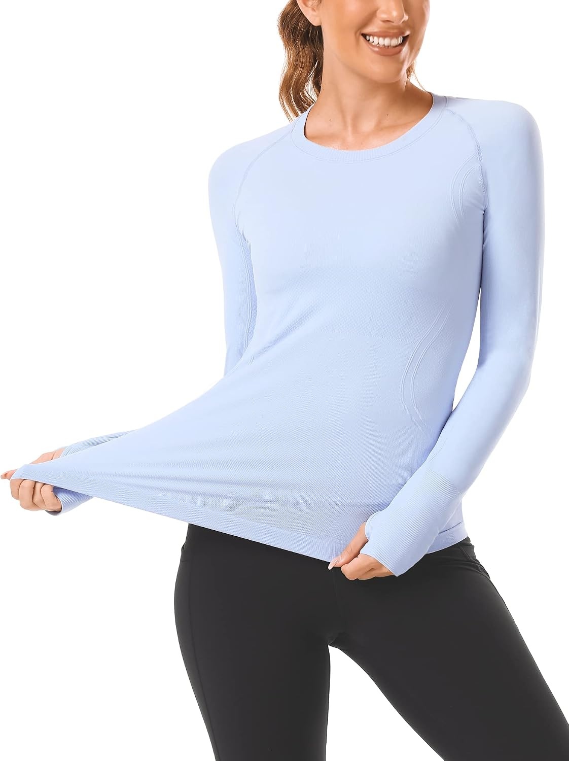 Stelle Womens Seamless Long Sleeve Workout Tops Compression Athletic Shirts | Seamless construction, Moisture-wicking fabric, Four-way stretch, Breathable, Soft, Thumbholes, Fitness, Active performance(Blue)