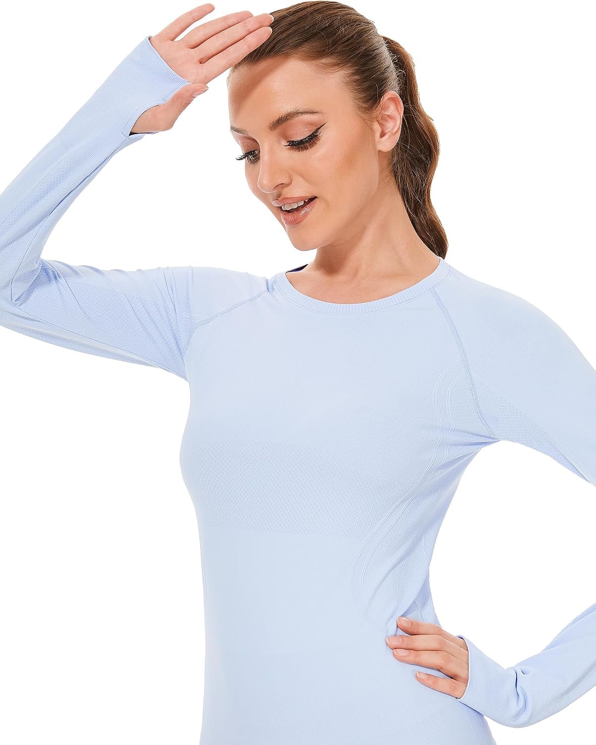 Stelle Womens Seamless Long Sleeve Workout Tops Compression Athletic Shirts | Seamless construction, Moisture-wicking fabric, Four-way stretch, Breathable, Soft, Thumbholes, Fitness, Active performance(Blue)