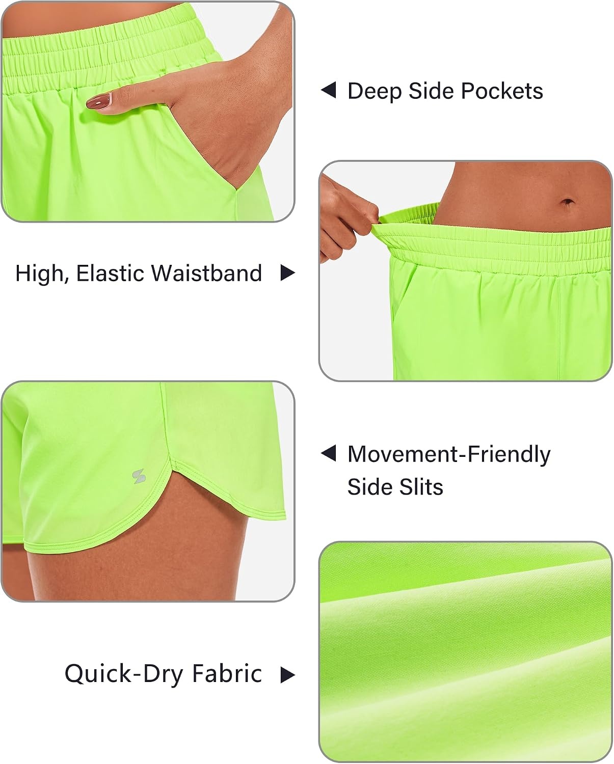 Stelle Womens 3″ Running Shorts Mesh Liner High Waisted Workout Shorts Quick Dry Dolphin Athletic Shorts with Pockets(Neon Yellow)