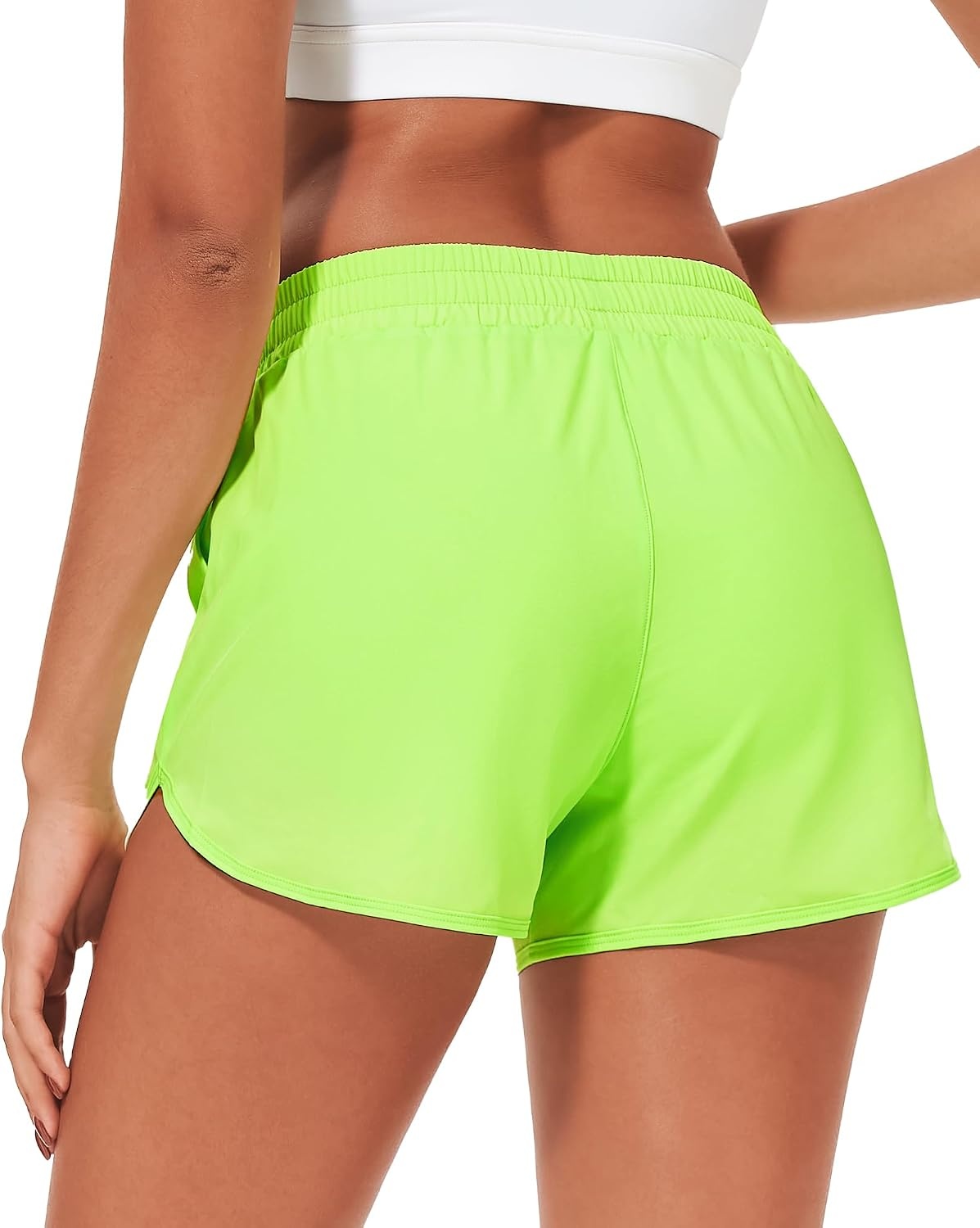 Stelle Womens 3″ Running Shorts Mesh Liner High Waisted Workout Shorts Quick Dry Dolphin Athletic Shorts with Pockets(Neon Yellow)