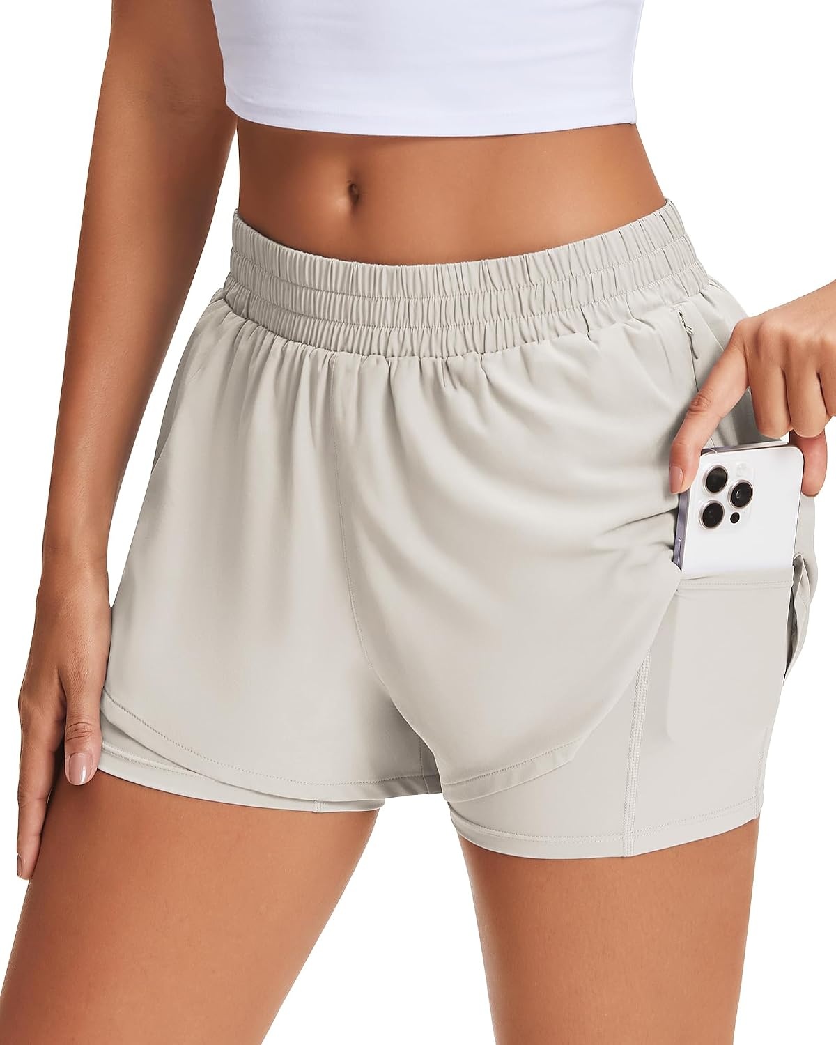 Stelle Women’s 2 in 1 Running Shorts Gym Athletic Shorts with Zip Pockets | High Waisted, 2 in 1 Athletic Shorts, Supportive Liner, Built-In Pockets, Running, Workout, Gym Training(Sandy Grey)