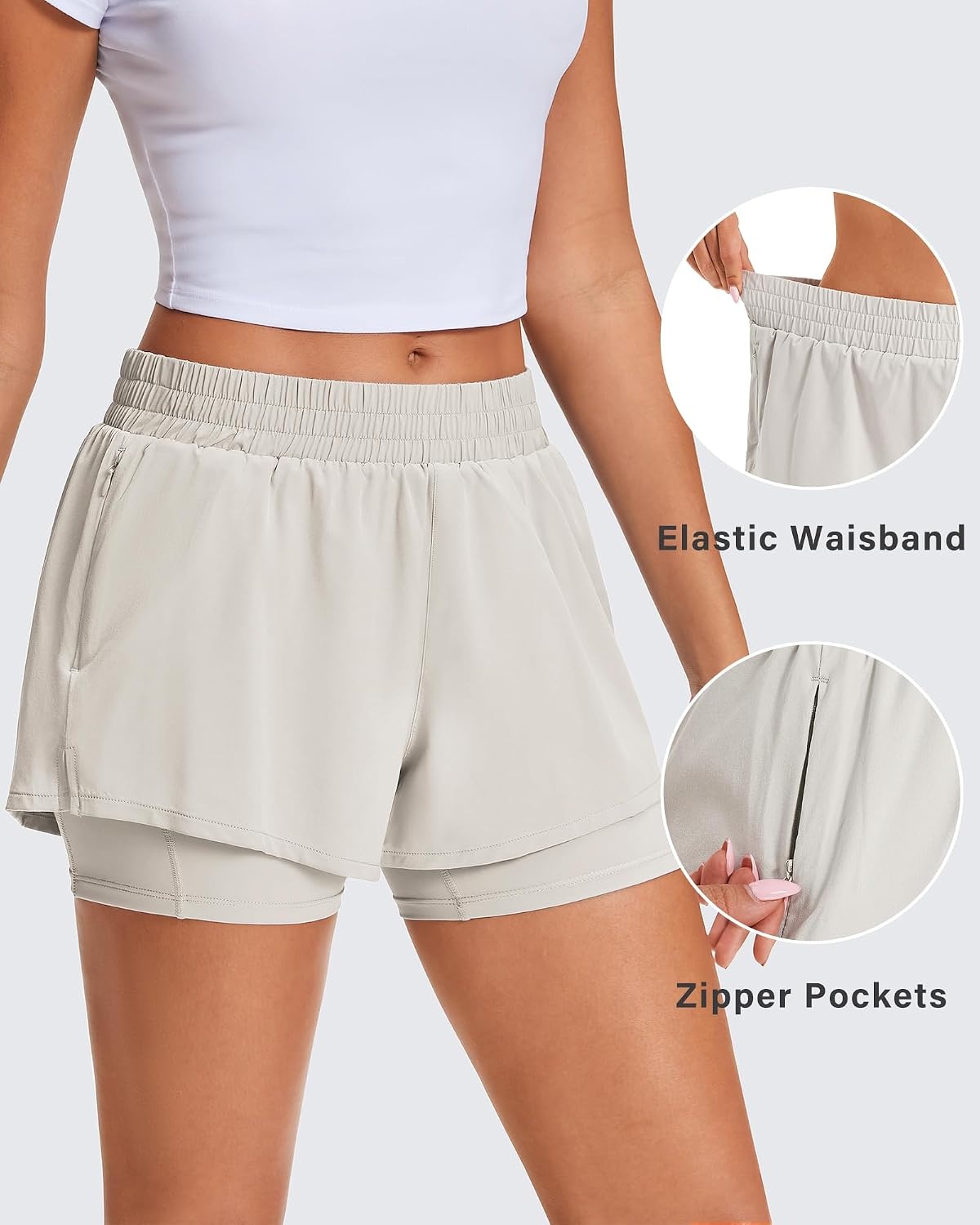 Stelle Women’s 2 in 1 Running Shorts Gym Athletic Shorts with Zip Pockets | High Waisted, 2 in 1 Athletic Shorts, Supportive Liner, Built-In Pockets, Running, Workout, Gym Training(Sandy Grey)