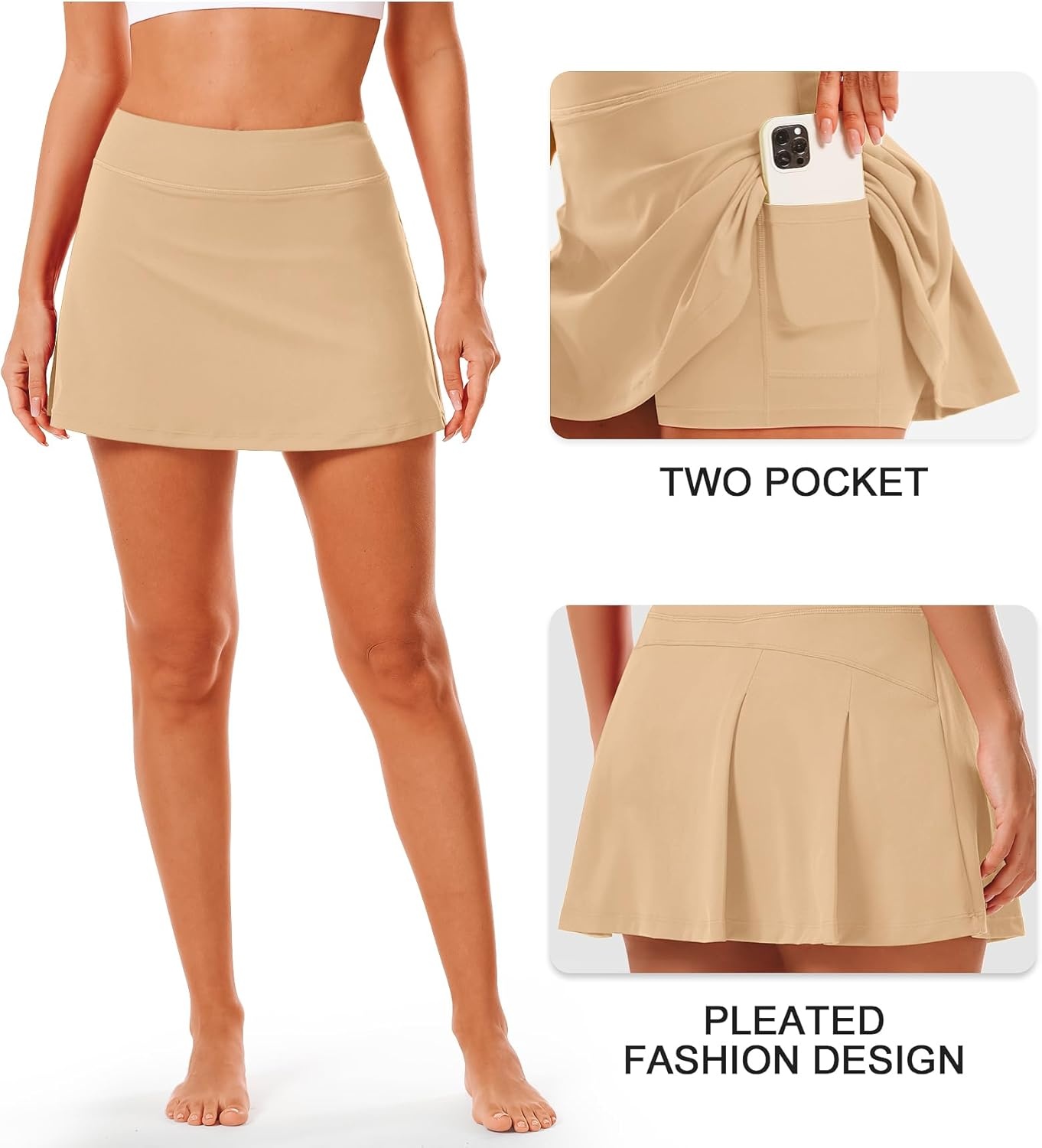 Stelle Women Tennis Skirt Golf Skorts Athletic High Waisted with Pockets Inner Shorts Sport Workout Pleated Pickleball(Khaki)