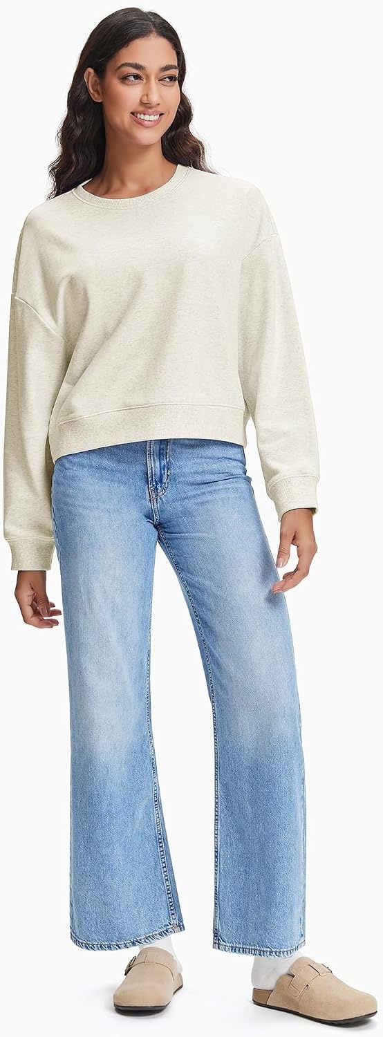Stelle Women’s Cropped Crewneck Sweatshirt Relaxed Fit Casual Everyday | Soft lining, Ribbed cuffs, Lightweight warmth, Layering essential, Lounge, Travel, Streetwear(Stone Heather)