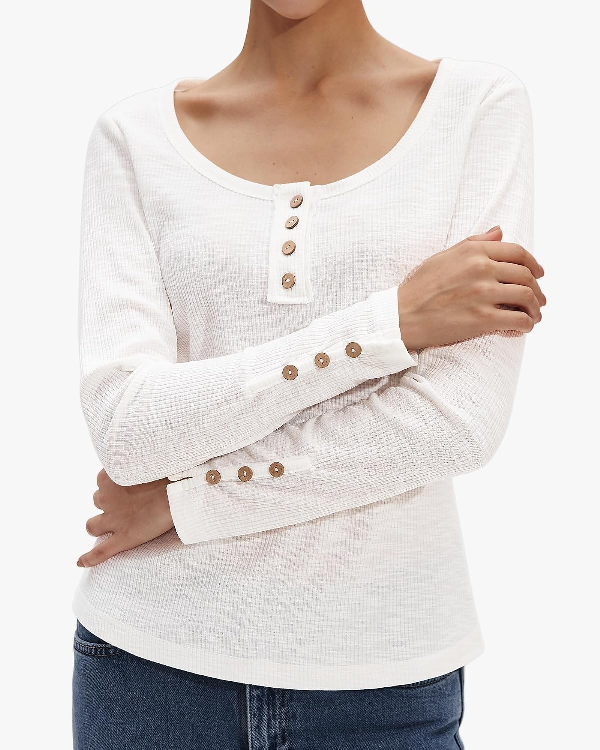 Stelle Women’s Ribbed Knit Henley Long Sleeve Button Top Loose Fit White
