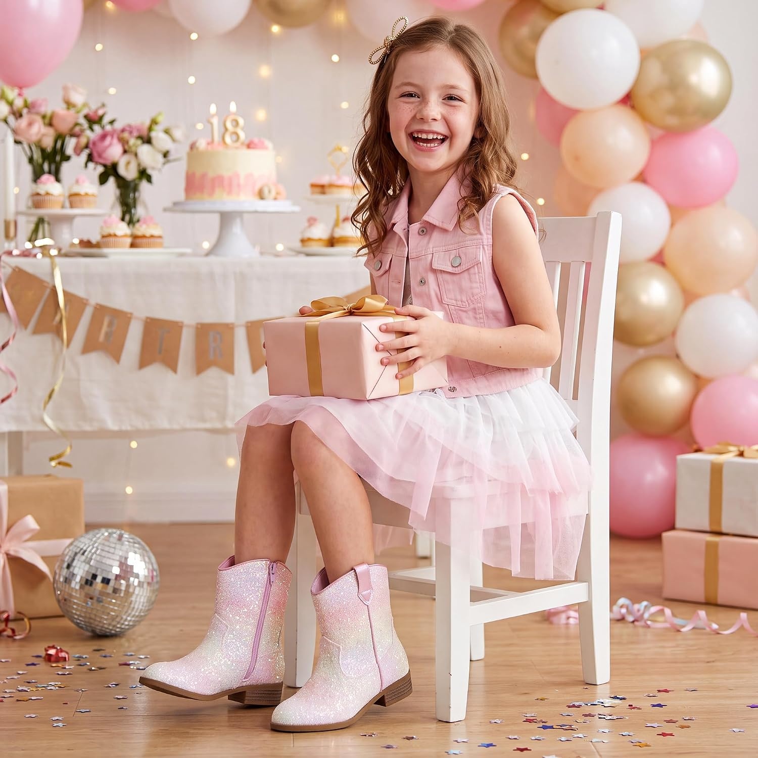 Stelle Girls Glitter Cowgirl Boots Kids Boys Cowboy Boots(Pink Ombre Glitter)