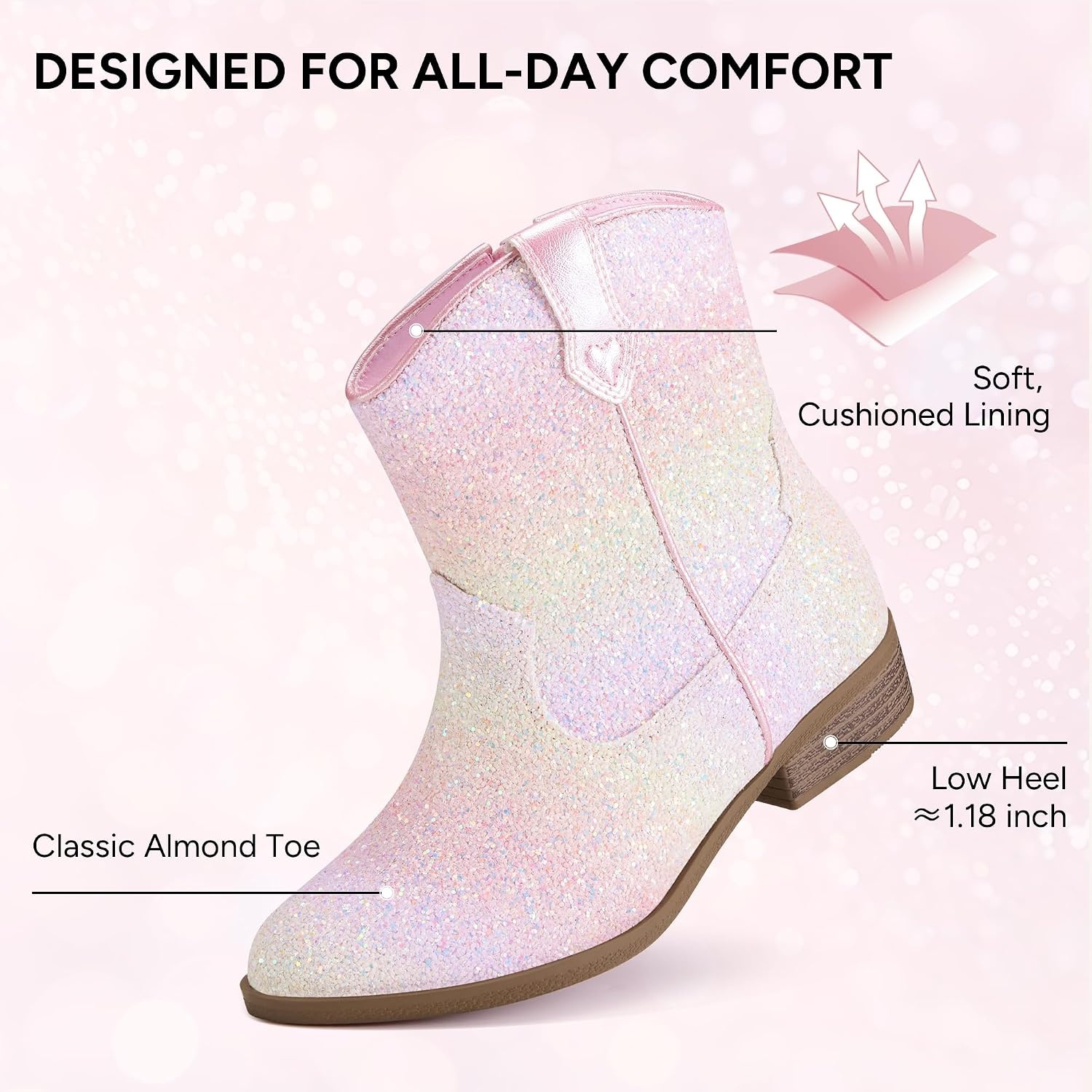 Stelle Girls Glitter Cowgirl Boots Kids Boys Cowboy Boots(Pink Ombre Glitter)
