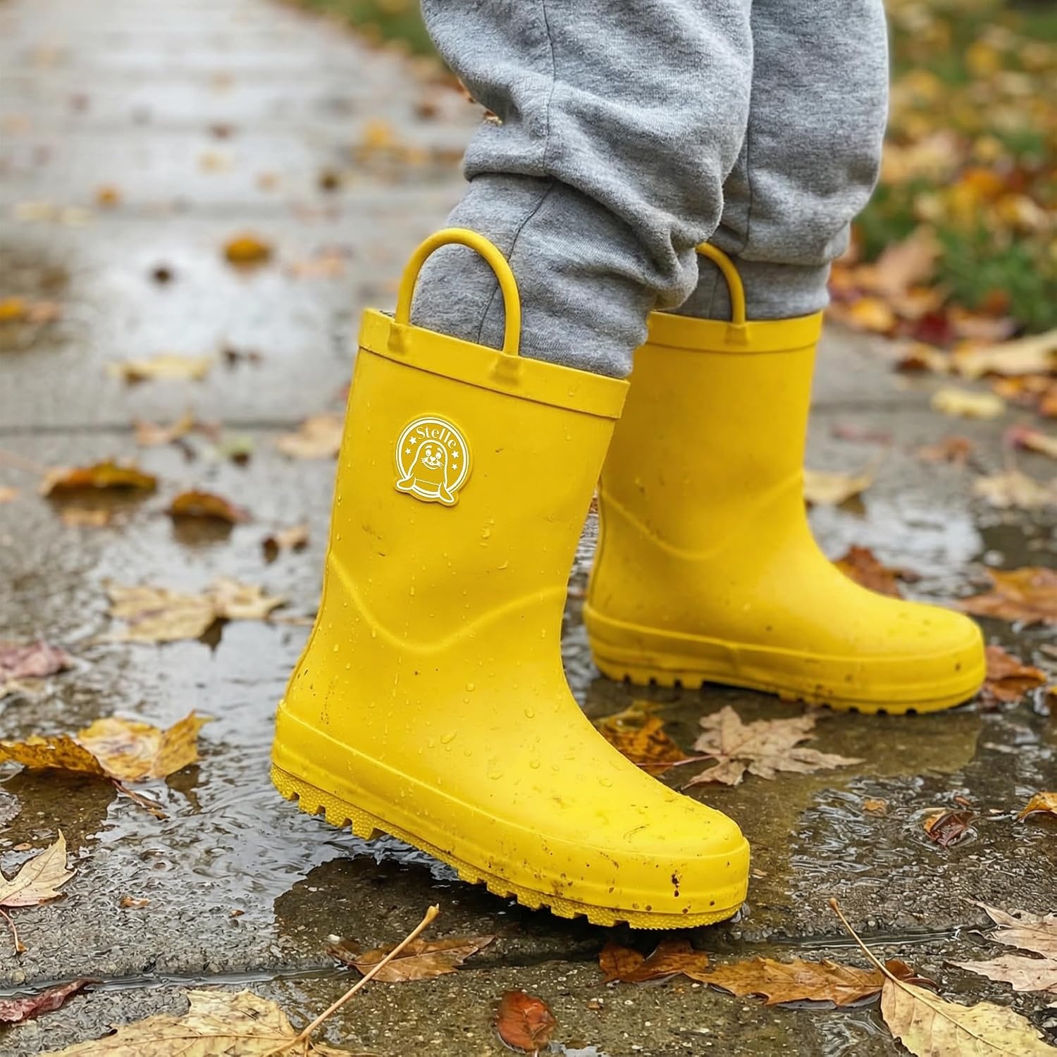 Stelle Kids Rain Boots for Boys Girls Outdoor Play and Rainy Days | Natural Rubber Waterproof Design Non-Slip Sole Easy On Handles All-Weather Wear Mud Garden School Toddler to Big Kids(Yellow)