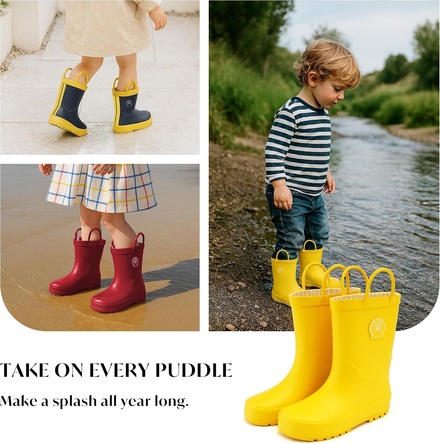 Stelle Kids Rain Boots for Boys Girls Outdoor Play and Rainy Days | Natural Rubber Waterproof Design Non-Slip Sole Easy On Handles All-Weather Wear Mud Garden School Toddler to Big Kids(Yellow)