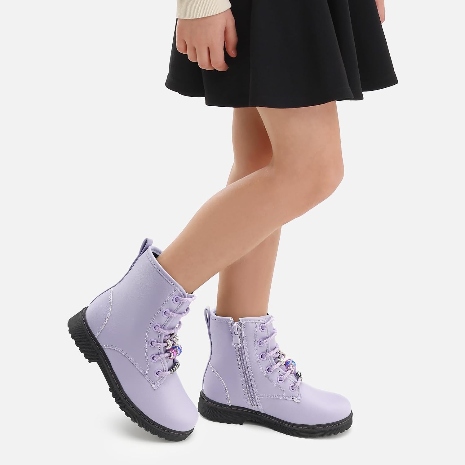 Stelle Girls Combat Boots with DIY Lace Up Side Zipper Ankle Boots | Durable faux leather, Serrated TPR outsoles, Water-resistant exterior, Inner side zipper, Colorful customizable beads(Lilac)