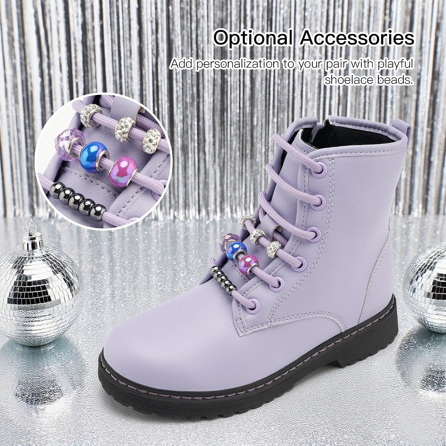 Stelle Girls Combat Boots with DIY Lace Up Side Zipper Ankle Boots | Durable faux leather, Serrated TPR outsoles, Water-resistant exterior, Inner side zipper, Colorful customizable beads(Lilac)