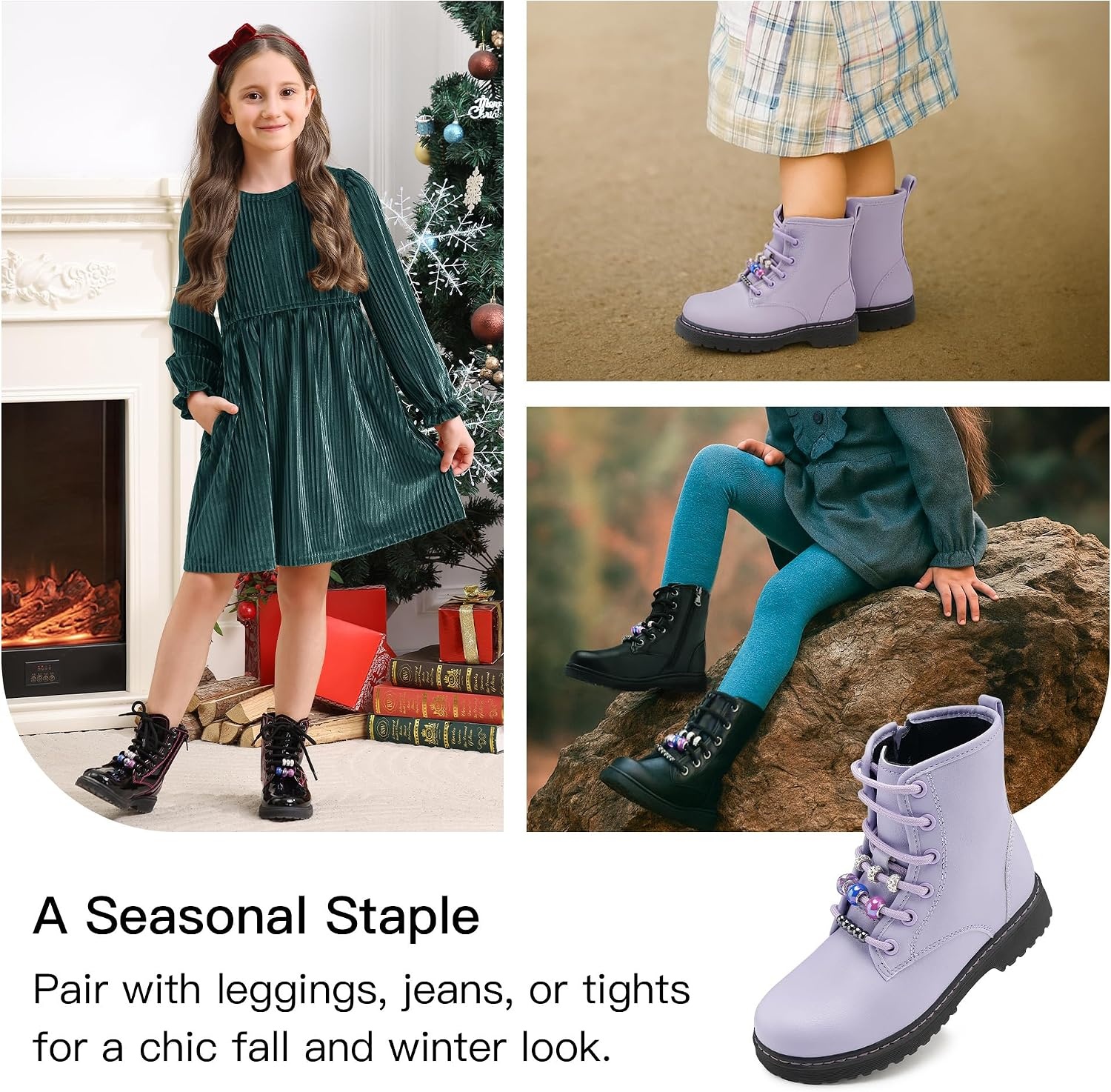 Stelle Girls Combat Boots with DIY Lace Up Side Zipper Ankle Boots | Durable faux leather, Serrated TPR outsoles, Water-resistant exterior, Inner side zipper, Colorful customizable beads(Lilac)