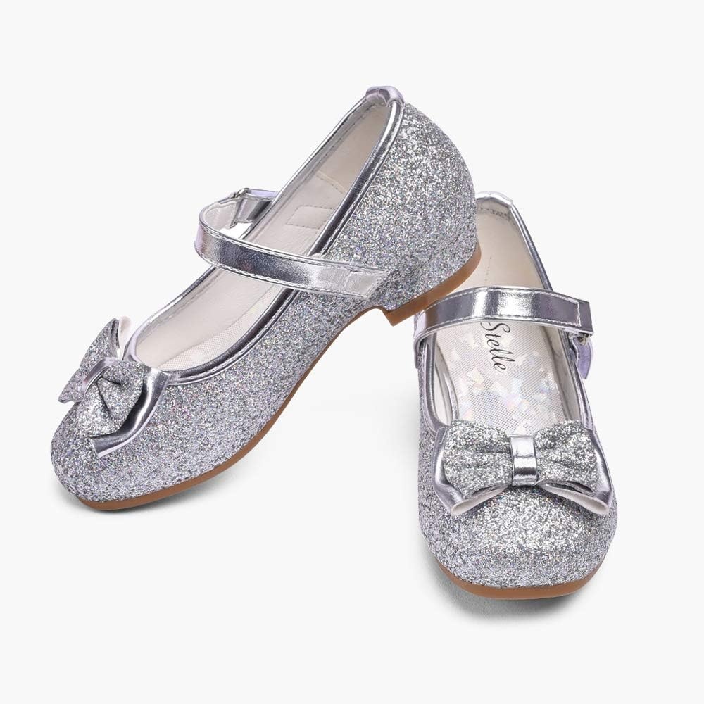 Stelle Girls Dress Shoes Glitter Princess Low Heels for Party Wedding Prom(Silver)