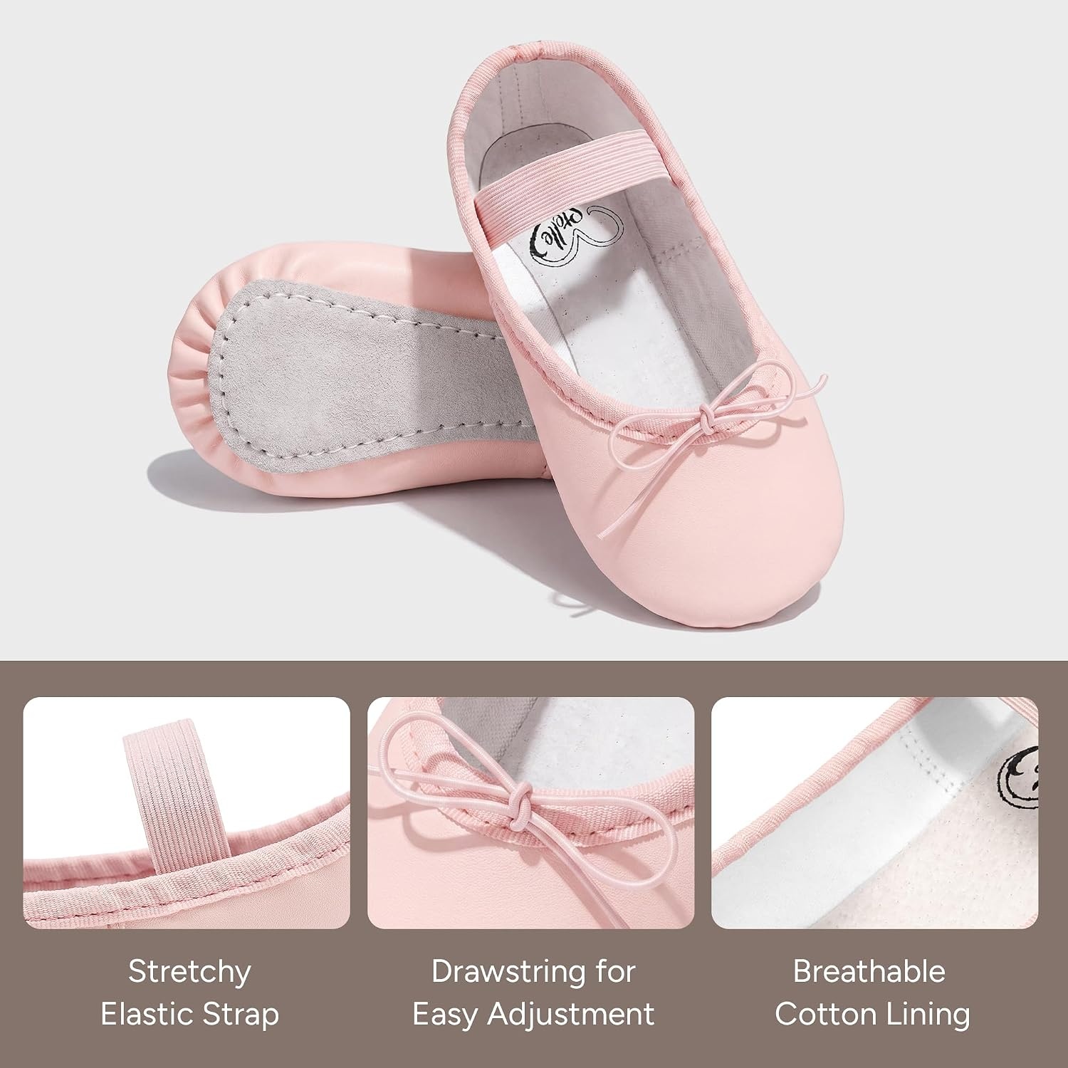 Stelle Toddler Ballet Shoes PU Leather Upper Drawstring | Ballerina Dance Slippers, Soft Lining, Full Sole Support, Elastic Straps, Flexible Movement, Ballet Training, Recitals(Ballet Pink)