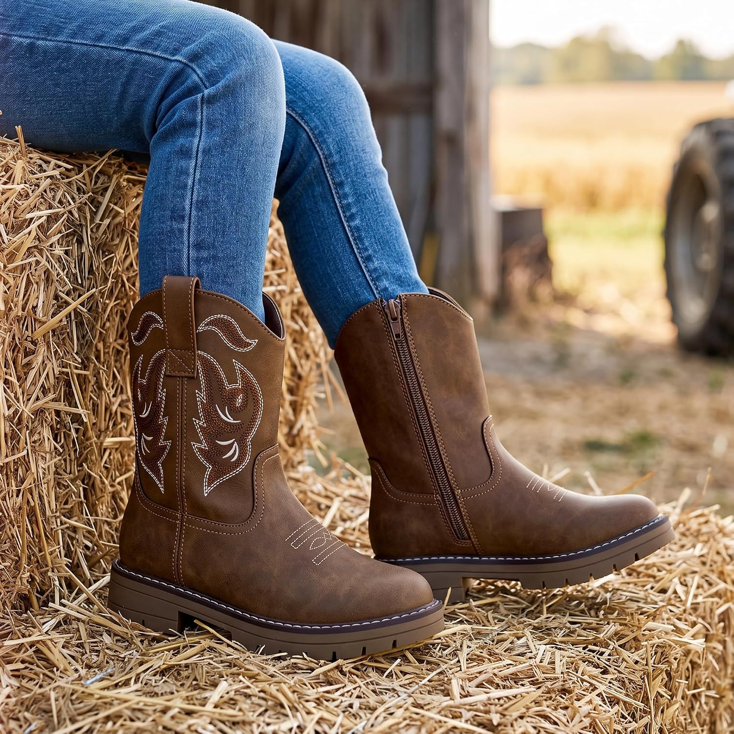 Stelle Kids Cowboy Boots Toddler Girls Boys Western Boots(Chestnut)
