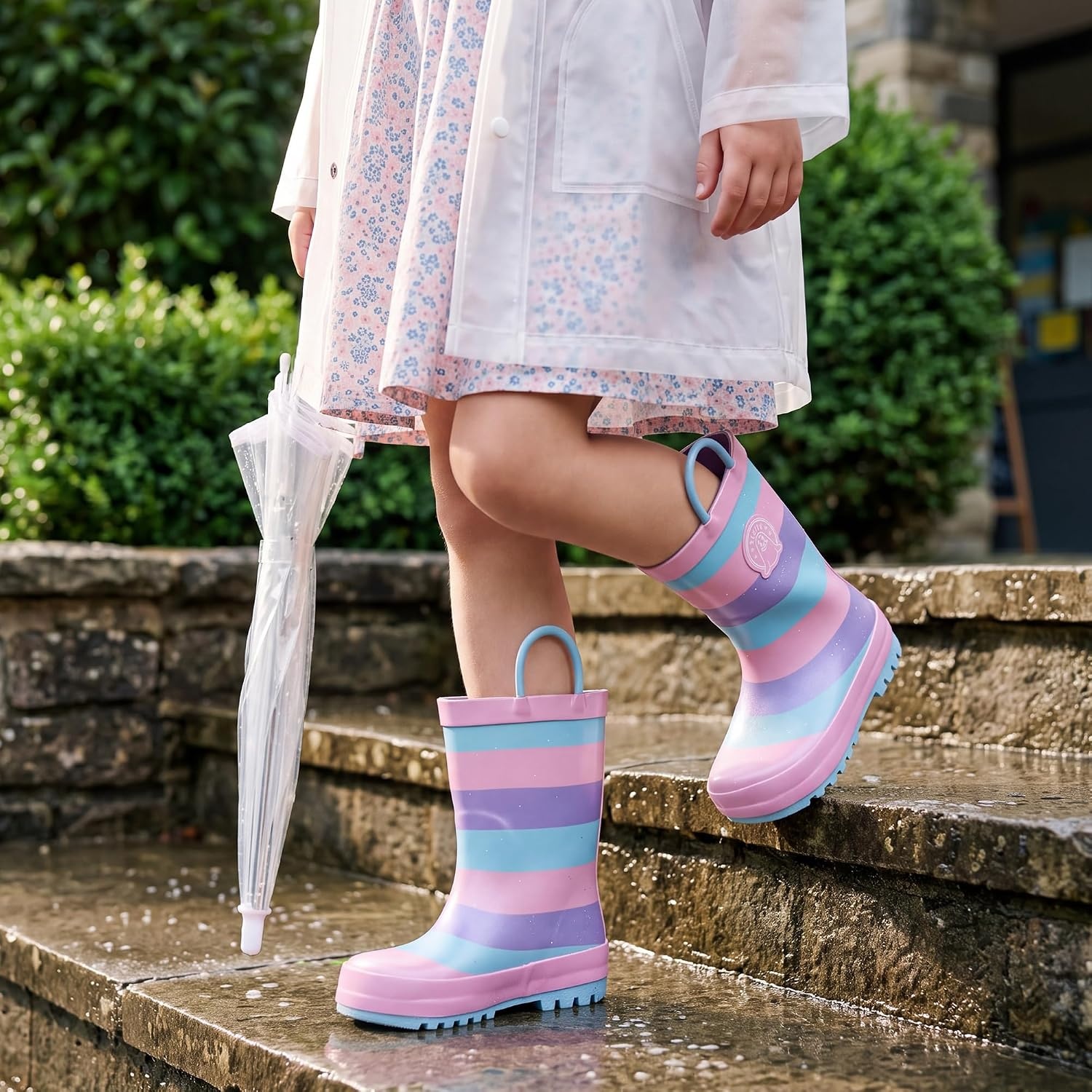 Stelle Kids Rain Boots for Boys Girls Outdoor Play and Rainy Days(Cotton Candy Stripe)