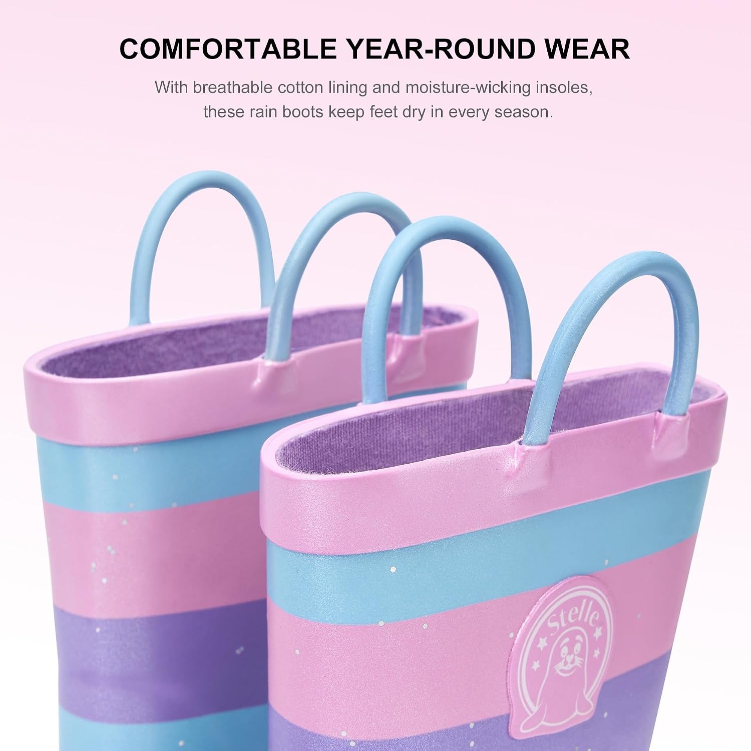 Stelle Kids Rain Boots for Boys Girls Outdoor Play and Rainy Days(Cotton Candy Stripe)