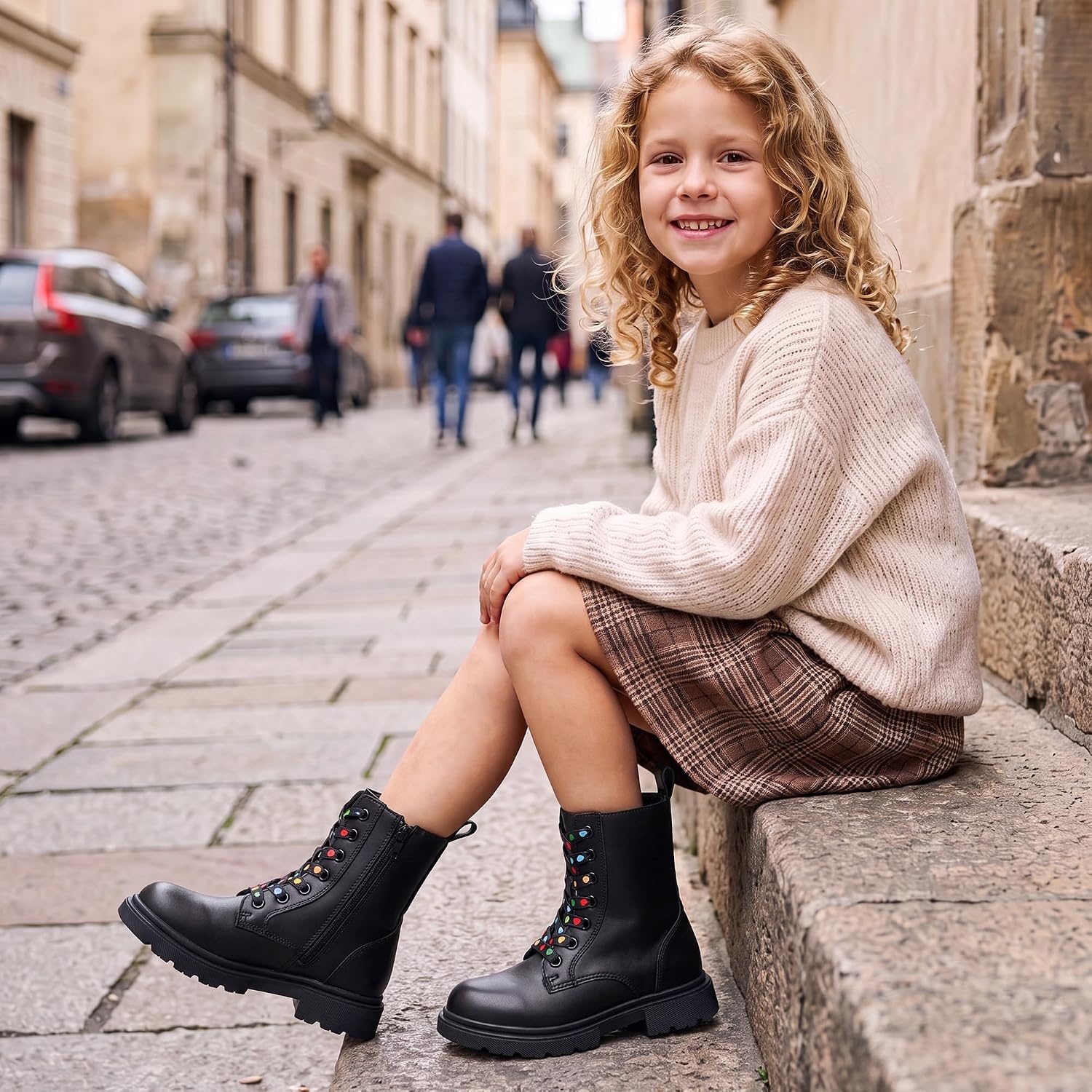 Stelle Girls Combat Ankle Boots with Printed Lace-Up and Side Zipper(Black)